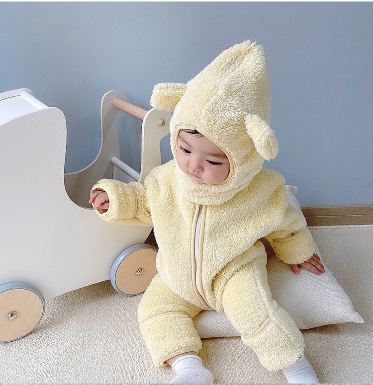 2020 Winter Infant Warm Clothes Newborn Baby Rompers with Removable Hat Boys Girls Fleece Hand Foot Protect Jumpsuit Footies