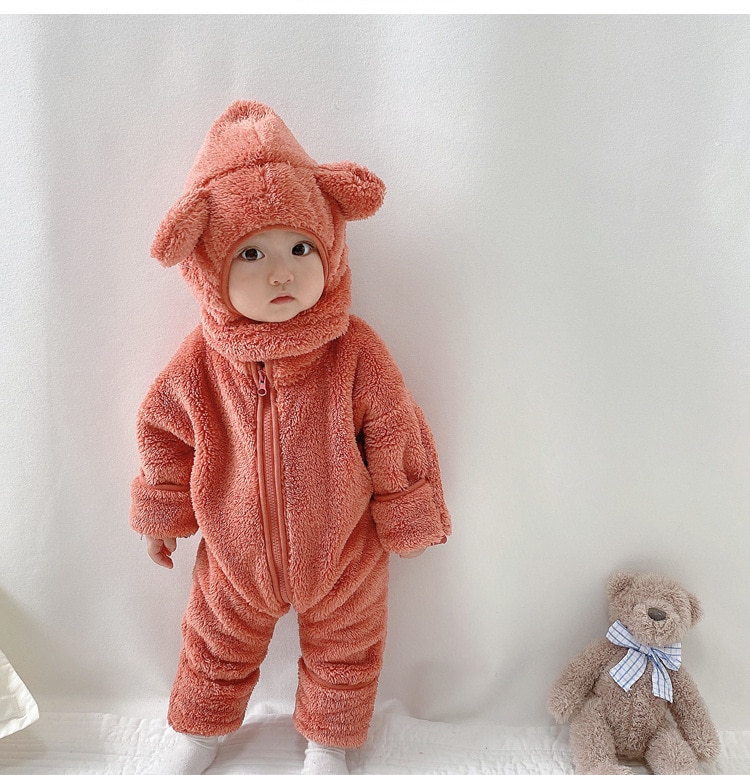 2020 Winter Infant Warm Clothes Newborn Baby Rompers with Removable Hat Boys Girls Fleece Hand Foot Protect Jumpsuit Footies