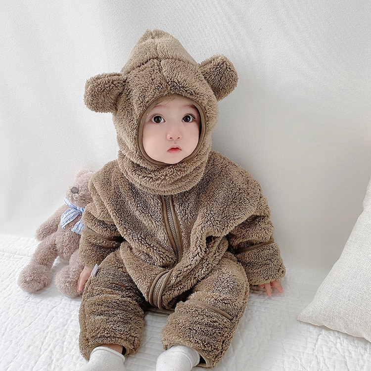 2020 Winter Infant Warm Clothes Newborn Baby Rompers with Removable Hat Boys Girls Fleece Hand Foot Protect Jumpsuit Footies