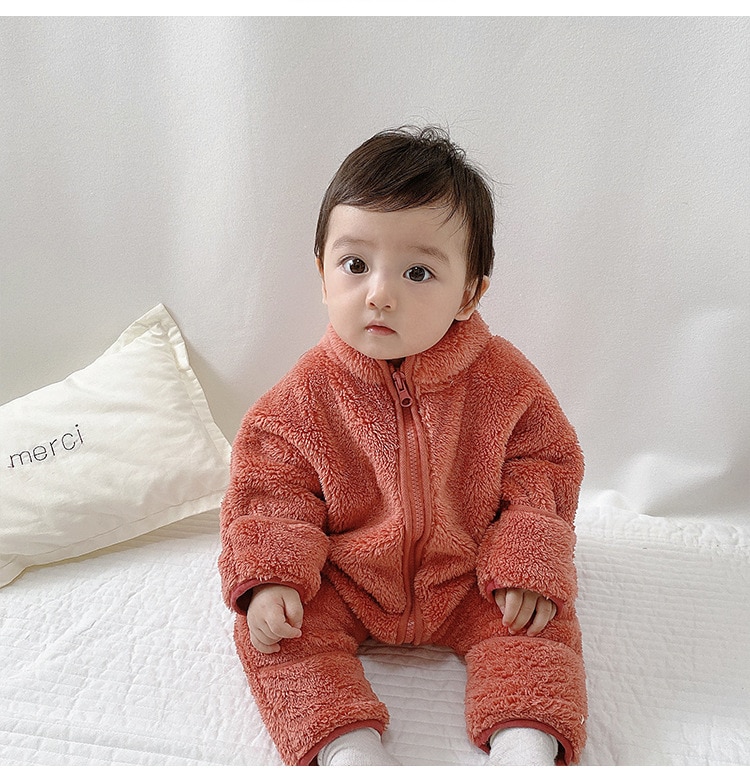2020 Winter Infant Warm Clothes Newborn Baby Rompers with Removable Hat Boys Girls Fleece Hand Foot Protect Jumpsuit Footies