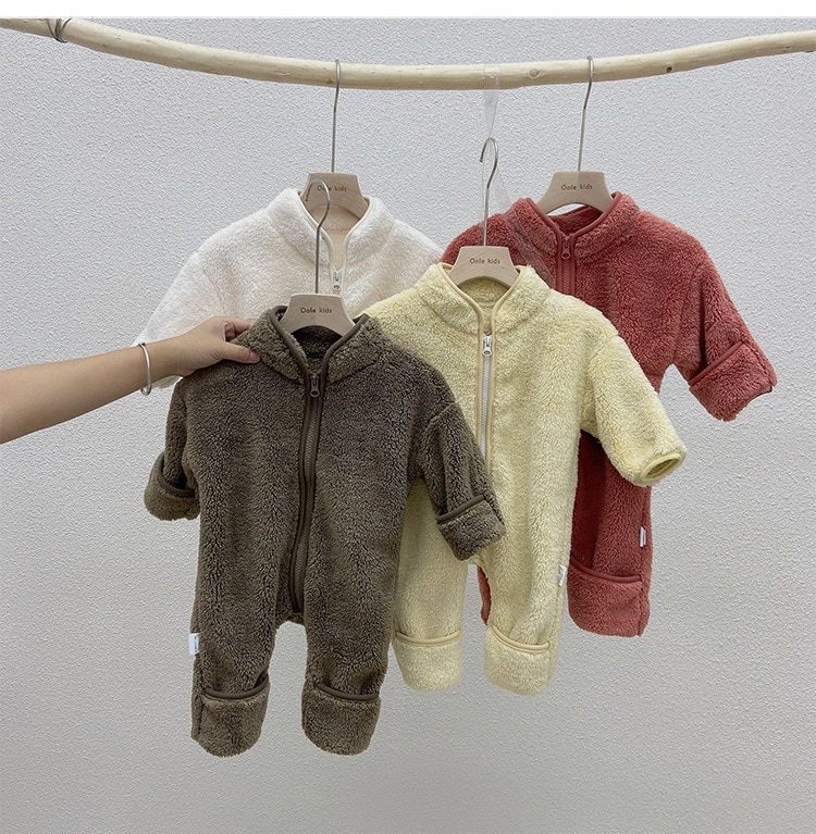 2020 Winter Infant Warm Clothes Newborn Baby Rompers with Removable Hat Boys Girls Fleece Hand Foot Protect Jumpsuit Footies