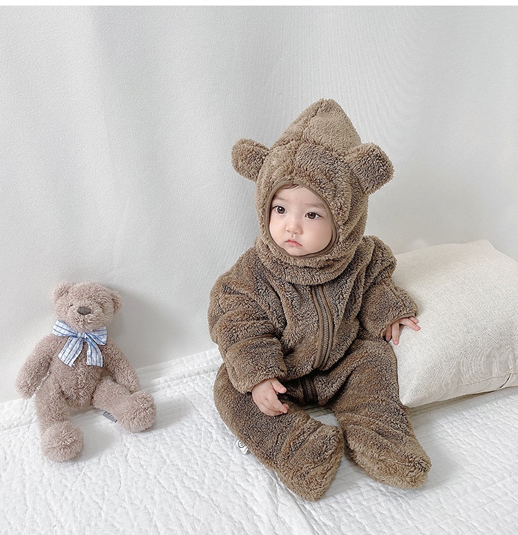 2020 Winter Infant Warm Clothes Newborn Baby Rompers with Removable Hat Boys Girls Fleece Hand Foot Protect Jumpsuit Footies