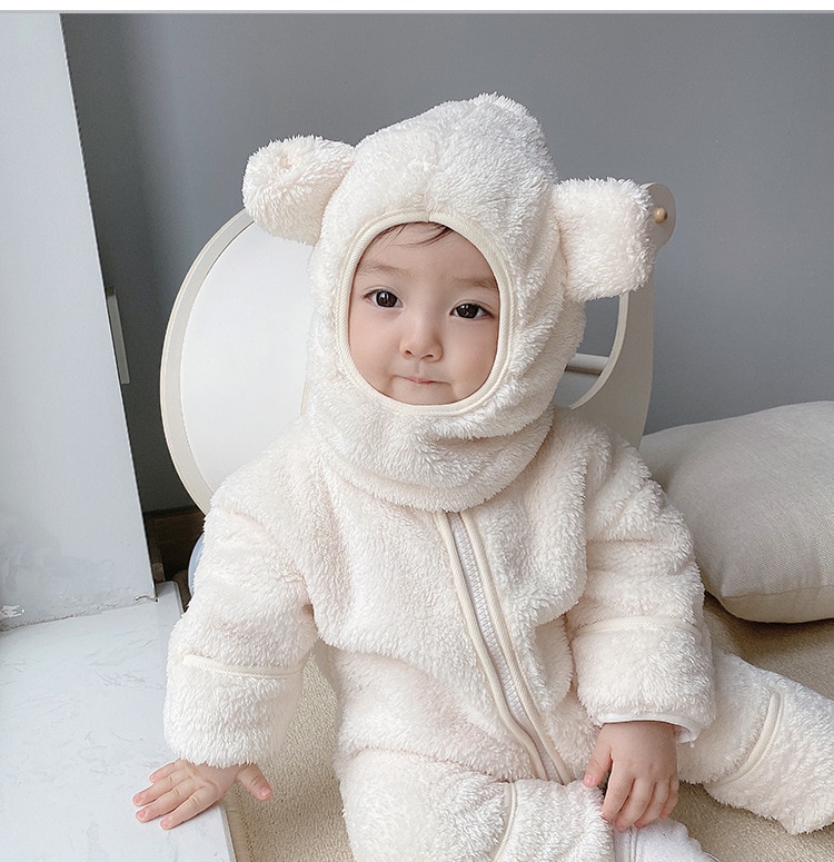 2020 Winter Infant Warm Clothes Newborn Baby Rompers with Removable Hat Boys Girls Fleece Hand Foot Protect Jumpsuit Footies