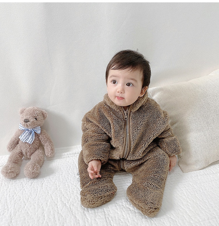2020 Winter Infant Warm Clothes Newborn Baby Rompers with Removable Hat Boys Girls Fleece Hand Foot Protect Jumpsuit Footies