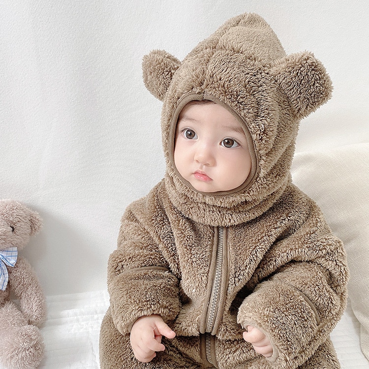 2020 Winter Infant Warm Clothes Newborn Baby Rompers with Removable Hat Boys Girls Fleece Hand Foot Protect Jumpsuit Footies