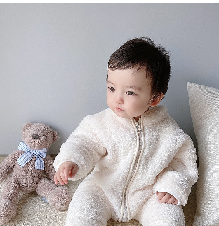 2020 Winter Infant Warm Clothes Newborn Baby Rompers with Removable Hat Boys Girls Fleece Hand Foot Protect Jumpsuit Footies