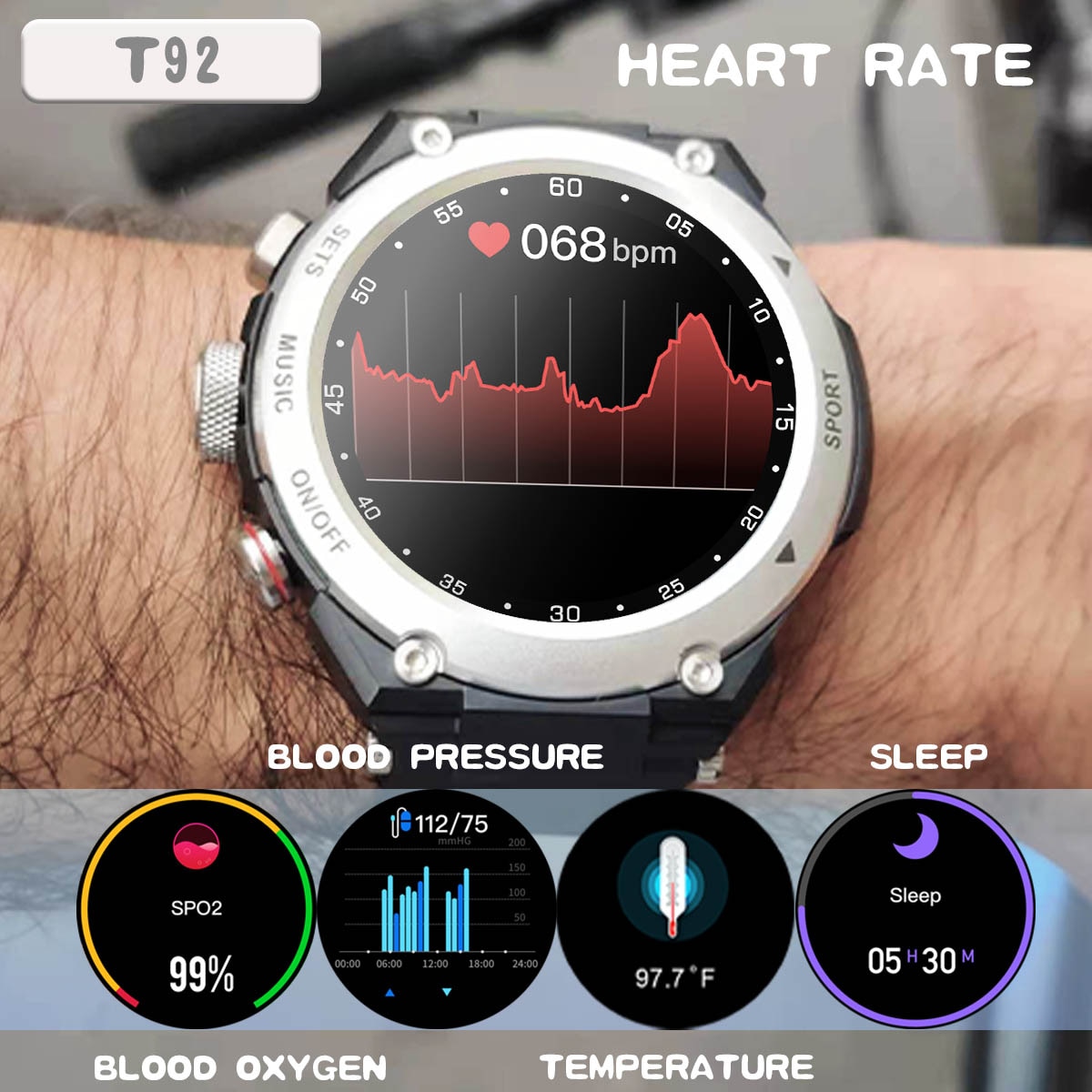 New Smart Watch T92 With Earbuds 3 in 1 Fitness Tracker Call Music Bracelet With Speaker Heart Rate Monitor Sports Smart Watch