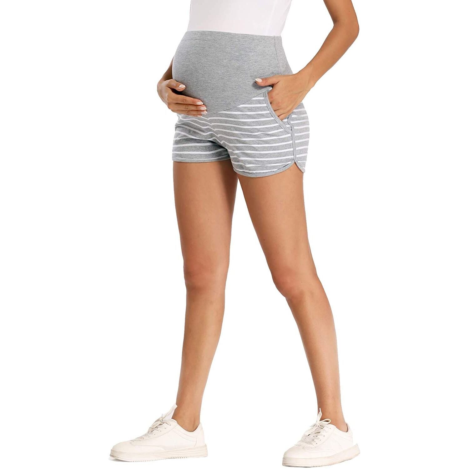 Womens Shorts Striped Loose Maternity Stretchy High Waist Shorts Pants Pregnancy Pocket Loose Hot Pants Summer Beach Shorts