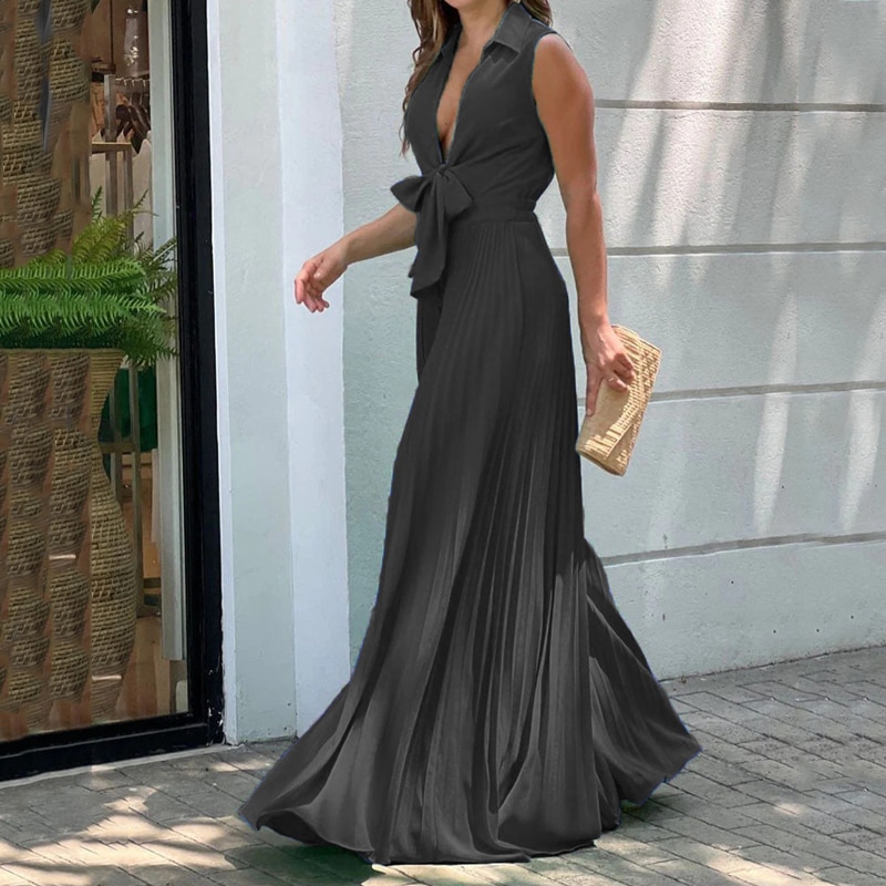 LIYONG Women Jumpsuit Summer Fashion V Neck Sleeveless Lapel Solid Pleated Lace Up Loose Wide Legs Romper High Streetwear