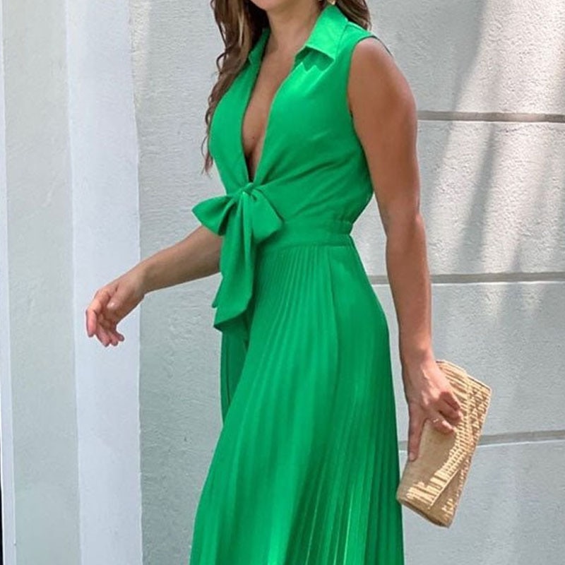 LIYONG Women Jumpsuit Summer Fashion V Neck Sleeveless Lapel Solid Pleated Lace Up Loose Wide Legs Romper High Streetwear
