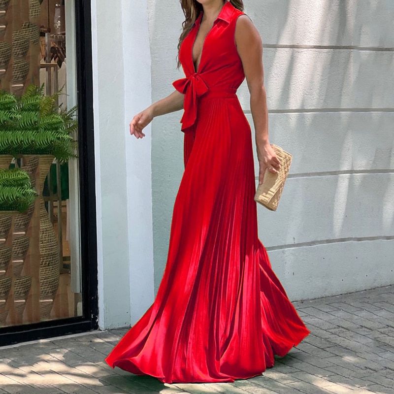 LIYONG Women Jumpsuit Summer Fashion V Neck Sleeveless Lapel Solid Pleated Lace Up Loose Wide Legs Romper High Streetwear