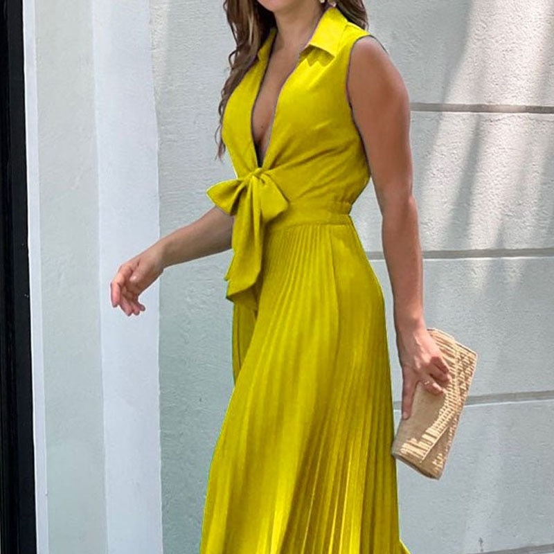 LIYONG Women Jumpsuit Summer Fashion V Neck Sleeveless Lapel Solid Pleated Lace Up Loose Wide Legs Romper High Streetwear