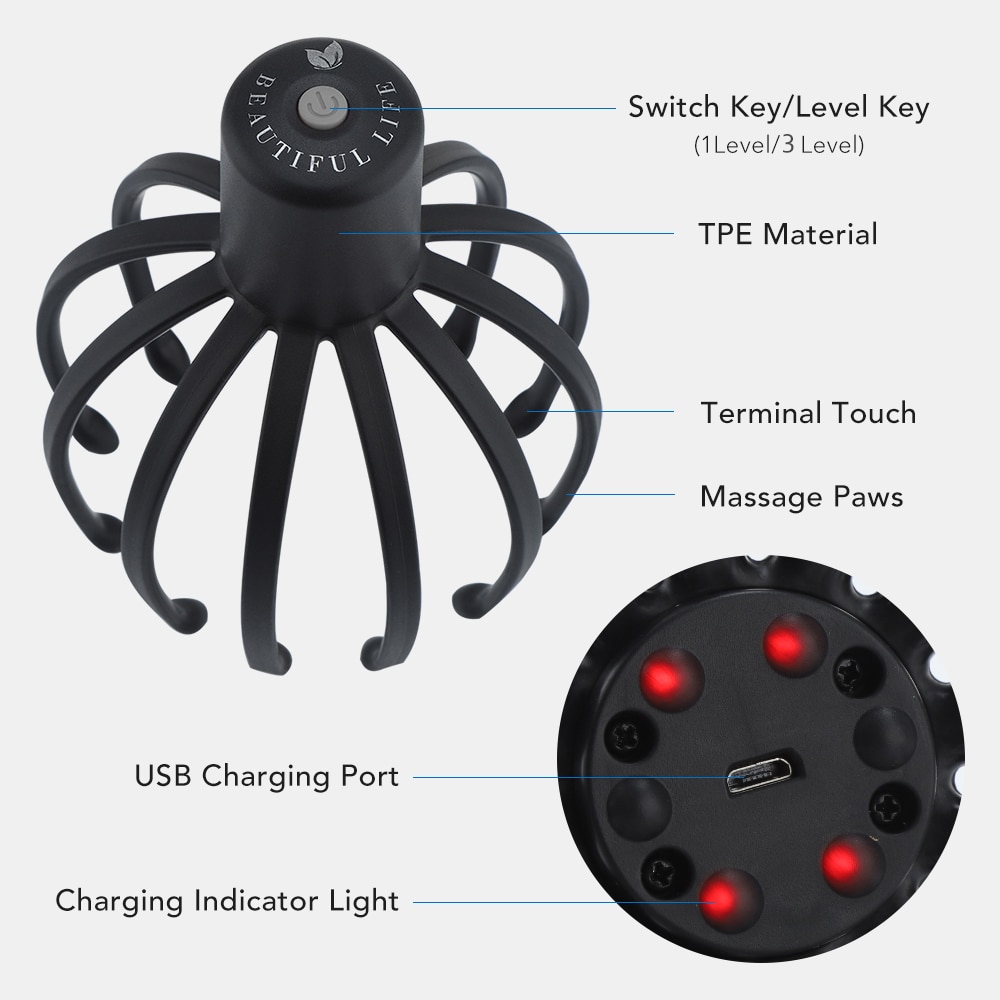 Electric Octopus Claw Scalp Massager Hands Free Therapeutic Head Scratcher Relief Hair Stimulation Rechargable Stress Relief