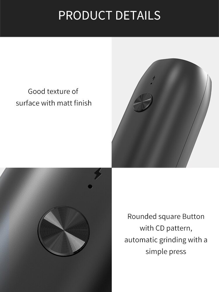 Electric Salt and Pepper Grinder Black ABS Battery Powered/USB Rechargeable Automatic Mill with LED Light Adjustable Coarseness