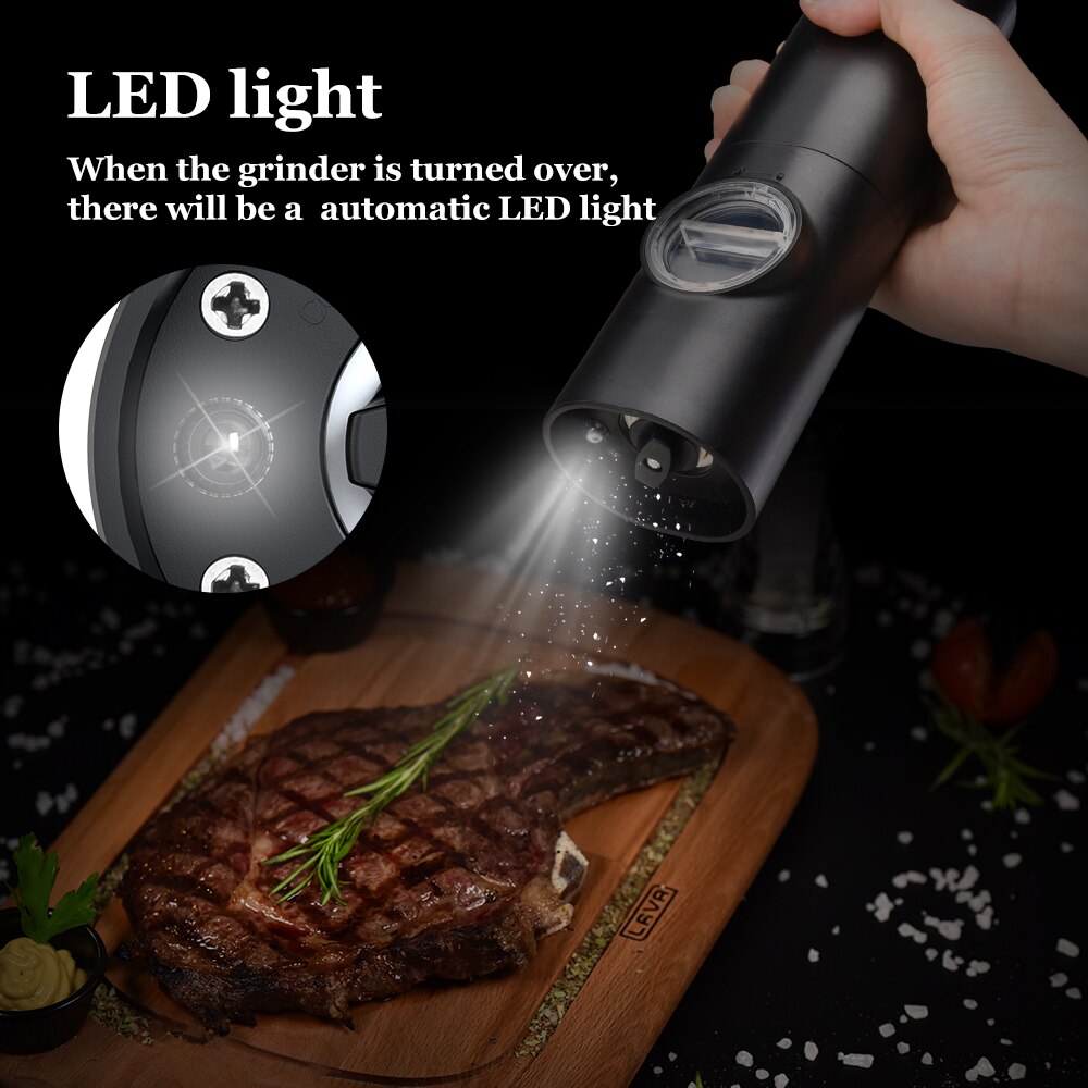 Electric Salt and Pepper Grinder Black ABS Battery Powered/USB Rechargeable Automatic Mill with LED Light Adjustable Coarseness