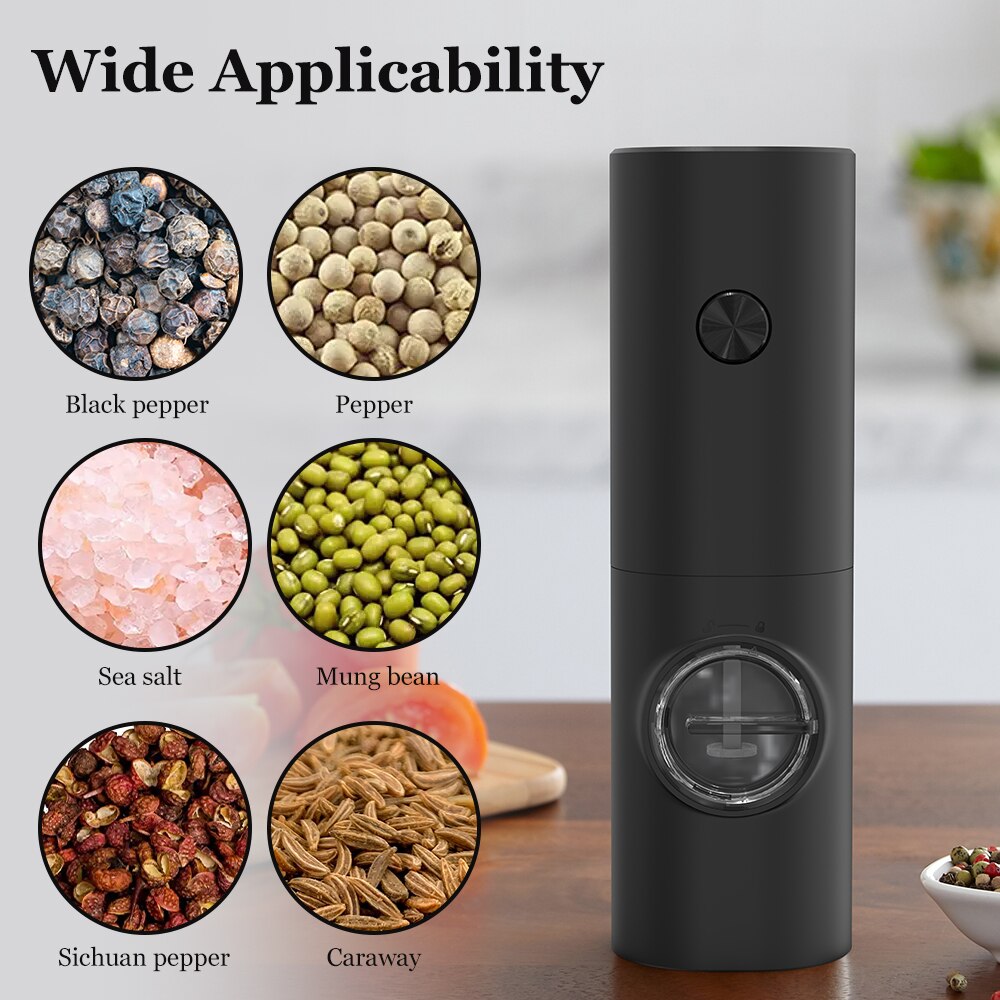 Electric Salt and Pepper Grinder Black ABS Battery Powered/USB Rechargeable Automatic Mill with LED Light Adjustable Coarseness