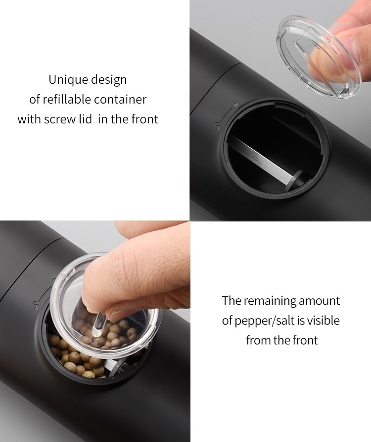 Electric Salt and Pepper Grinder Black ABS Battery Powered/USB Rechargeable Automatic Mill with LED Light Adjustable Coarseness