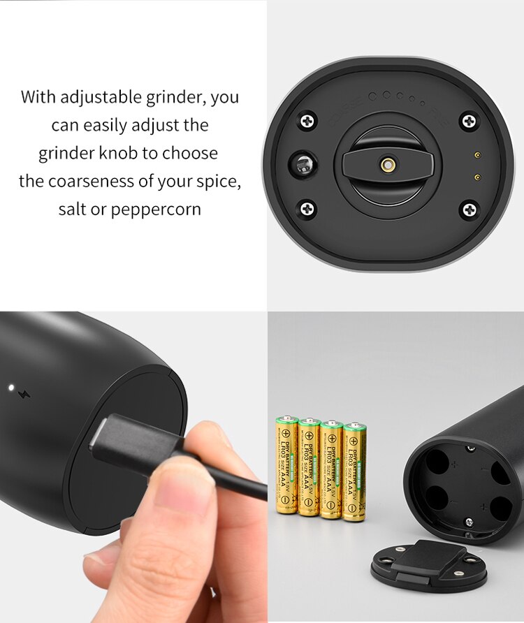 Electric Salt and Pepper Grinder Black ABS Battery Powered/USB Rechargeable Automatic Mill with LED Light Adjustable Coarseness