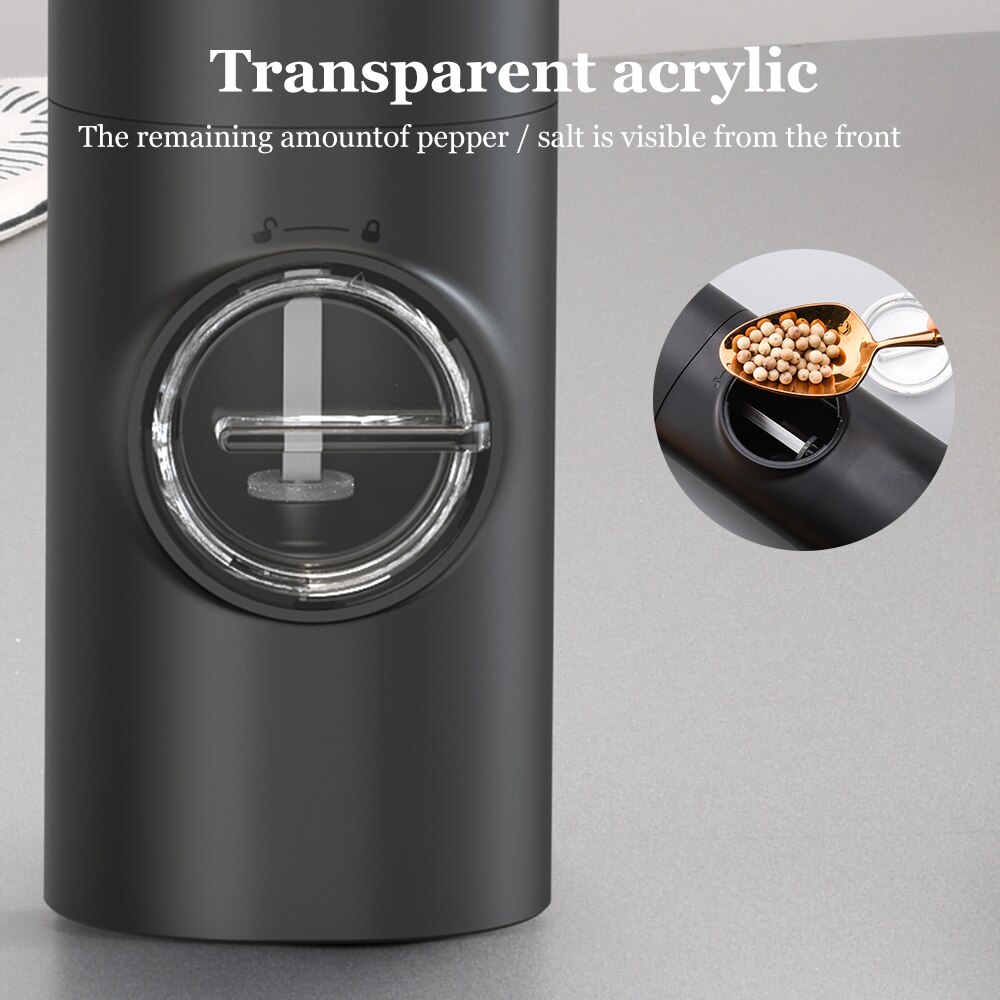 Electric Salt and Pepper Grinder Black ABS Battery Powered/USB Rechargeable Automatic Mill with LED Light Adjustable Coarseness