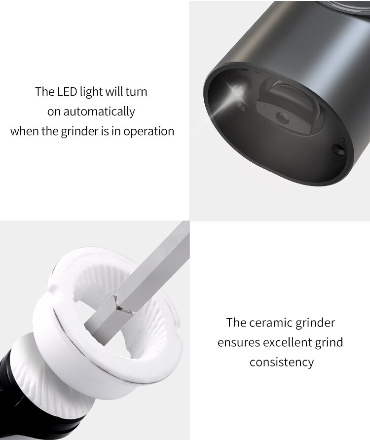 Electric Salt and Pepper Grinder Black ABS Battery Powered/USB Rechargeable Automatic Mill with LED Light Adjustable Coarseness