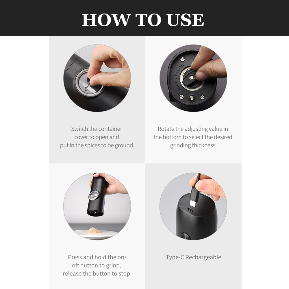 Electric Salt and Pepper Grinder Black ABS Battery Powered/USB Rechargeable Automatic Mill with LED Light Adjustable Coarseness