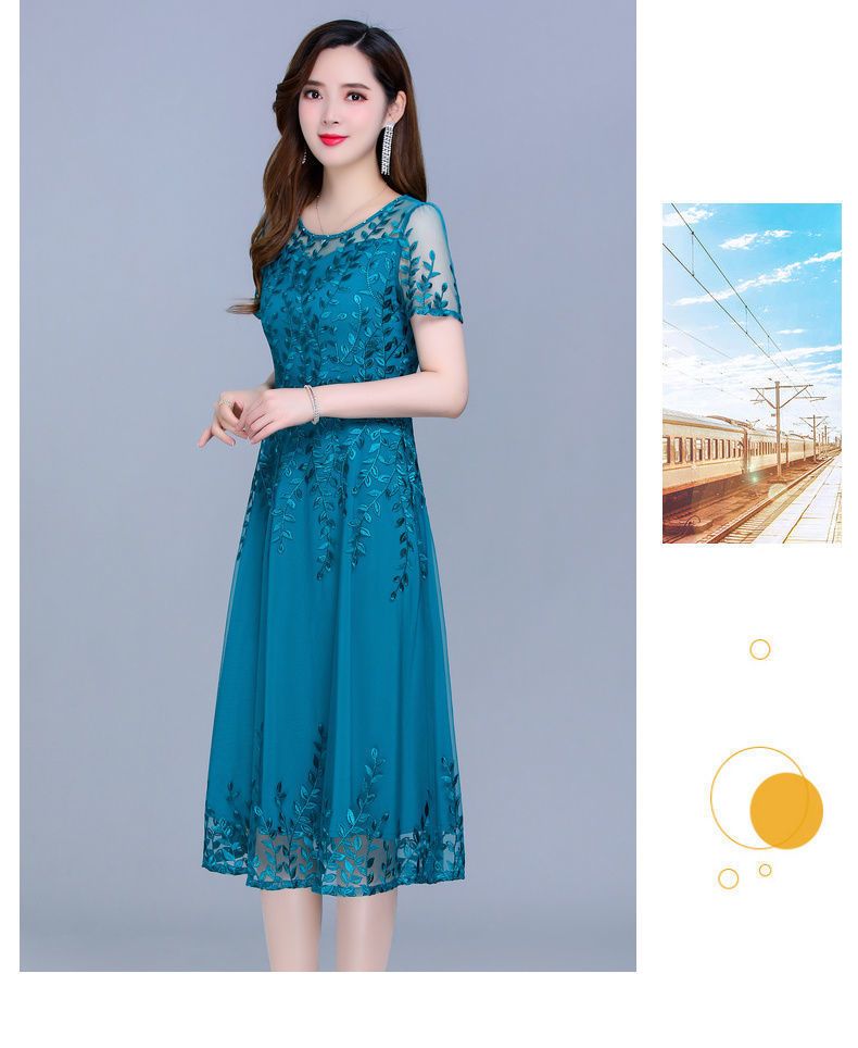 Round Neck Solid Color Temperament Dresses Embroidery Graphic Casual Women's Clothing Knee Skirts Retro Thin Summer Dignified