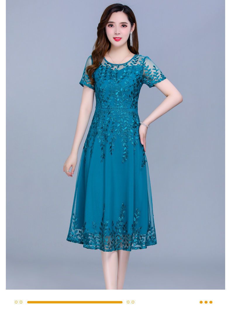 Round Neck Solid Color Temperament Dresses Embroidery Graphic Casual Women's Clothing Knee Skirts Retro Thin Summer Dignified