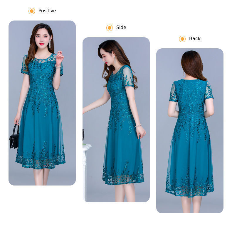 Round Neck Solid Color Temperament Dresses Embroidery Graphic Casual Women's Clothing Knee Skirts Retro Thin Summer Dignified