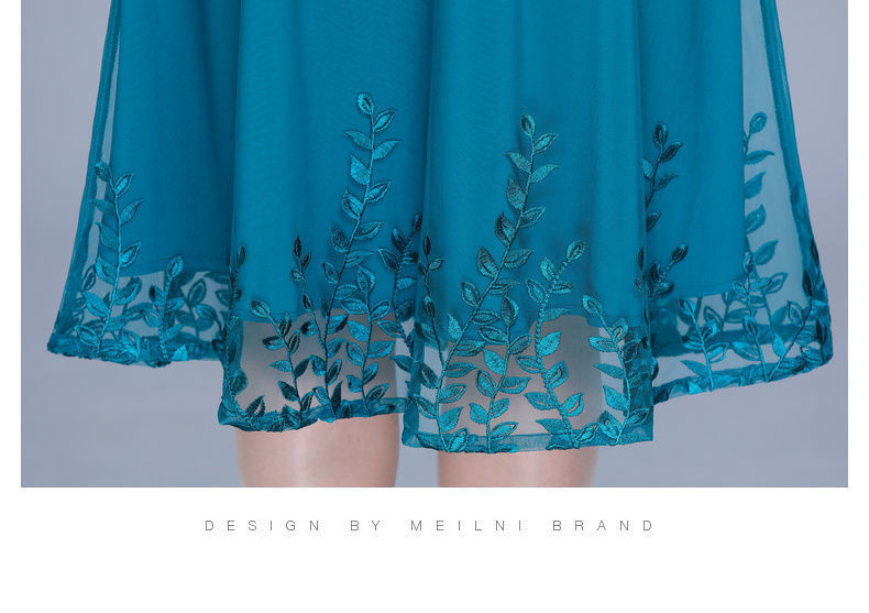 Round Neck Solid Color Temperament Dresses Embroidery Graphic Casual Women's Clothing Knee Skirts Retro Thin Summer Dignified
