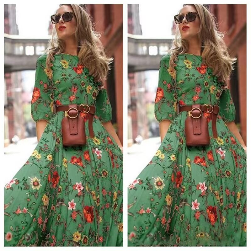 High Quality 2022 Autumn Fashion Women's Cloth Crow's Feet Floor Length Dress Lady's Flower Skirt Urban Casual Slimming Dresses