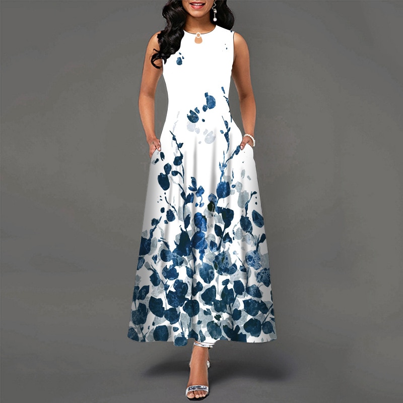 Bohemian Floral Printing Hollow Out Elegant Dresses For Women Large Swing Sexy High Waist Maxi Party Slim Tank Sleeveless Dress