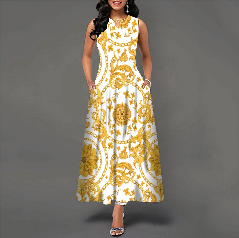 Bohemian Floral Printing Hollow Out Elegant Dresses For Women Large Swing Sexy High Waist Maxi Party Slim Tank Sleeveless Dress