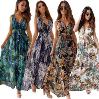 Women Bohe Maxi Long Sundress Summer Female V neck Backless Sleeveless Floral Print Bandage Party Dresses