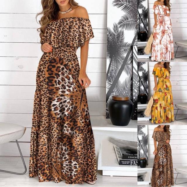 Leopard Robe Print Long Dress Ruffle Maxi Sundress Bohemian Women Summer Sexy Casual Elegant Strapless Vestidos Leopard Robe Print Long Dress Ruffle Maxi Sundress Bohemian Women Summer Sexy Casual Elegant Strapless Vestidos