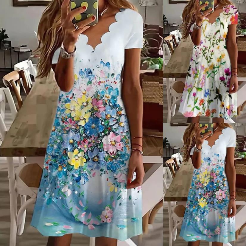Women New Loose Vintage Ruffles Casual Befree 5XL Dress Large Big Summer Printed Party Beach Dresses