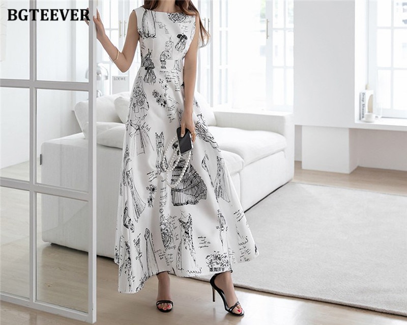 BGTEEVER Summer Hollow Out Sleeveless Ladies A-line Dress Elegant O-neck Slim Waist Printed Long Party Dress for Women