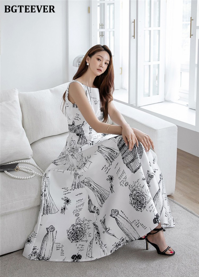 BGTEEVER Summer Hollow Out Sleeveless Ladies A-line Dress Elegant O-neck Slim Waist Printed Long Party Dress for Women