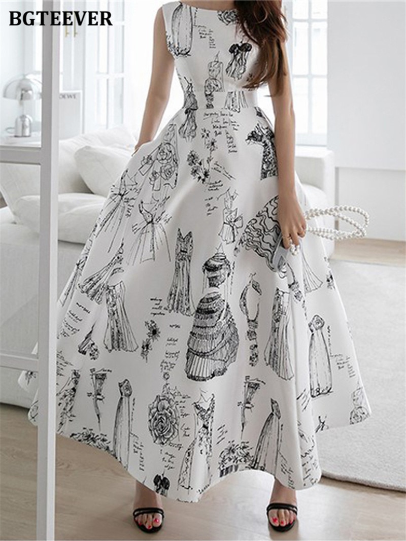BGTEEVER Summer Hollow Out Sleeveless Ladies A-line Dress Elegant O-neck Slim Waist Printed Long Party Dress for Women