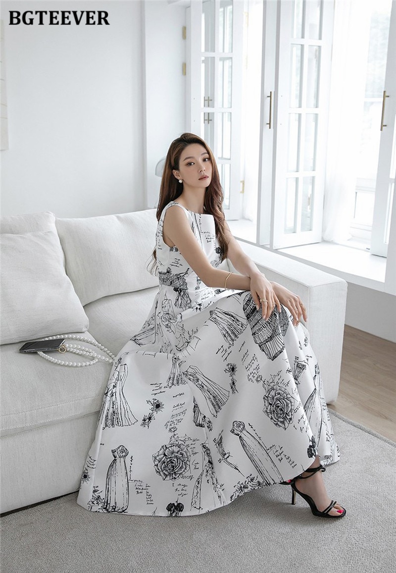 BGTEEVER Summer Hollow Out Sleeveless Ladies A-line Dress Elegant O-neck Slim Waist Printed Long Party Dress for Women