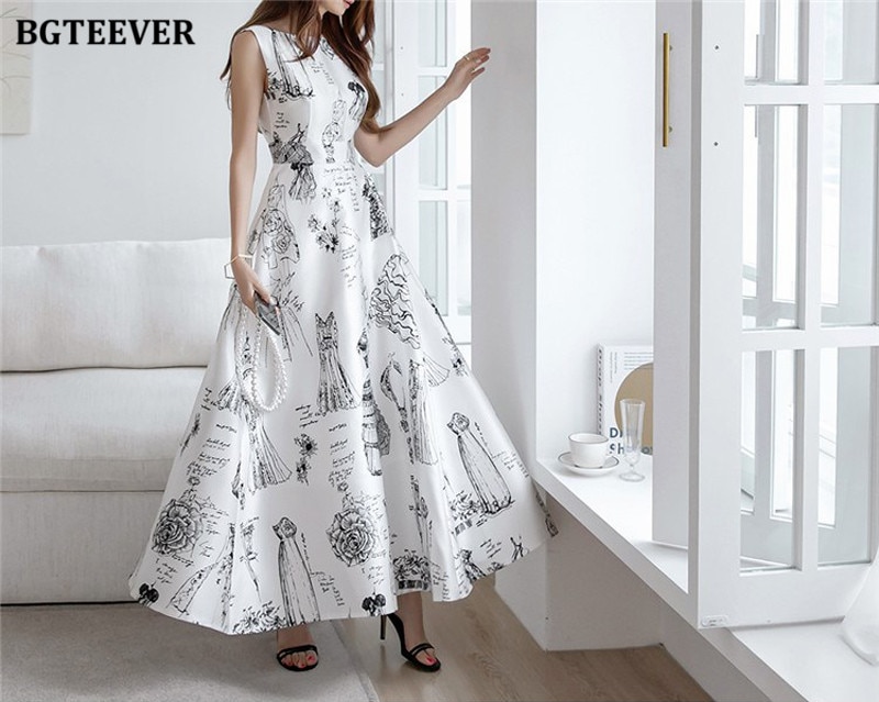 BGTEEVER Summer Hollow Out Sleeveless Ladies A-line Dress Elegant O-neck Slim Waist Printed Long Party Dress for Women