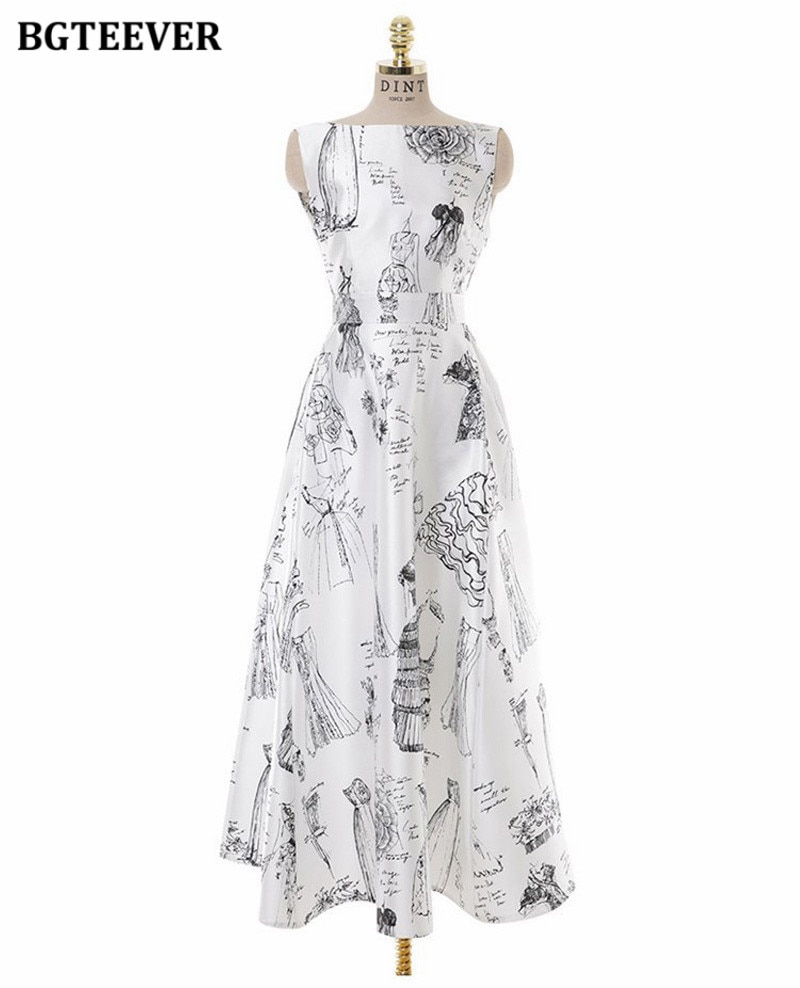 BGTEEVER Summer Hollow Out Sleeveless Ladies A-line Dress Elegant O-neck Slim Waist Printed Long Party Dress for Women