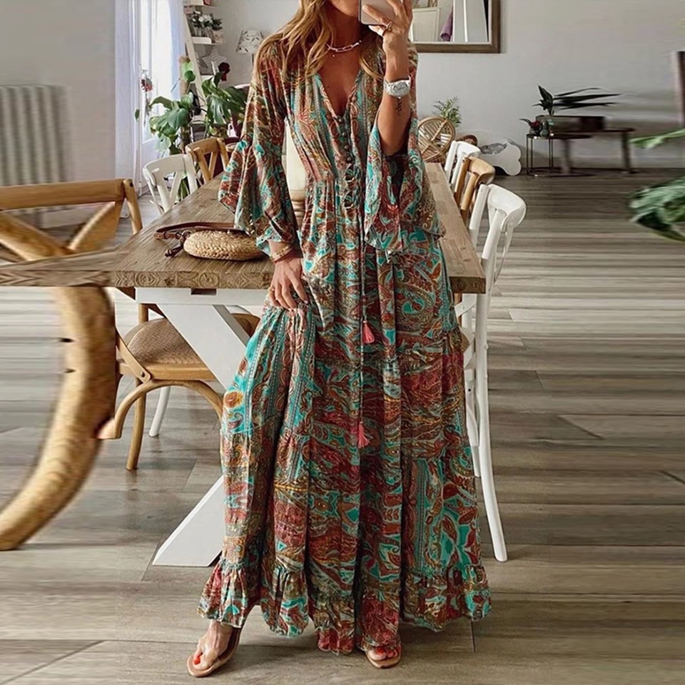 Women Summer Long Sleeve Deep V Neck Floral Print Dress Elegant Ladies Casual Boho Autumn Plus Size Dresses Pleated Robe