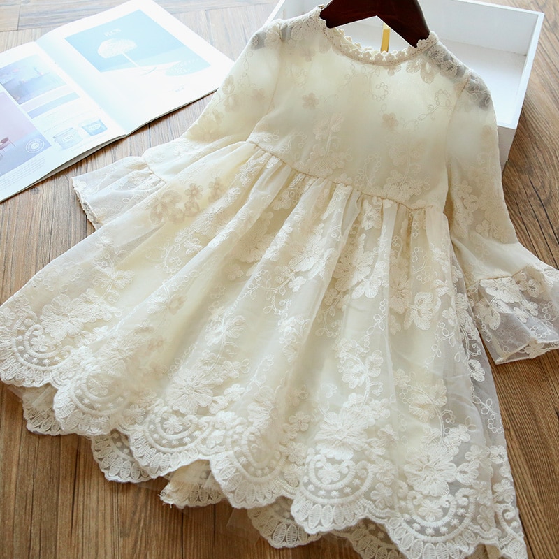 Elegant Flower Girls Dress Wedding Party Princess Dress Casual Kids Clothes Lace Long Sleeves Dress Children's Vestidos For 3-8T