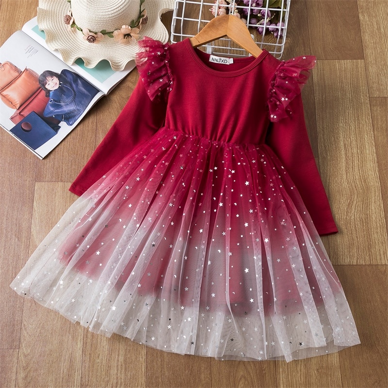 Elegant Flower Girls Dress Wedding Party Princess Dress Casual Kids Clothes Lace Long Sleeves Dress Children's Vestidos For 3-8T