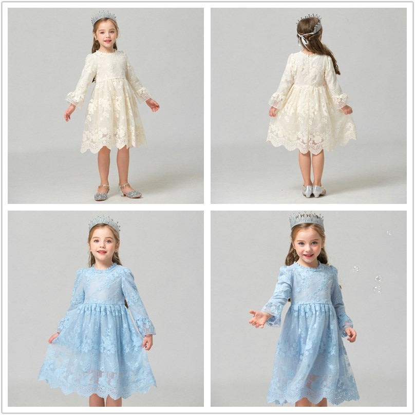 Elegant Flower Girls Dress Wedding Party Princess Dress Casual Kids Clothes Lace Long Sleeves Dress Children's Vestidos For 3-8T