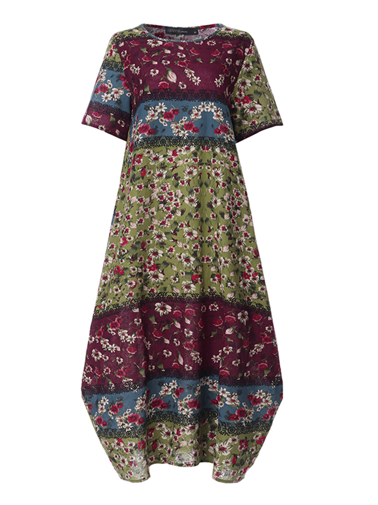ZANZEA Fashion Summer Maxi Dress Women's Printed Sundress Casual Short Sleeve Vestidos Female High Waist Robe Femme