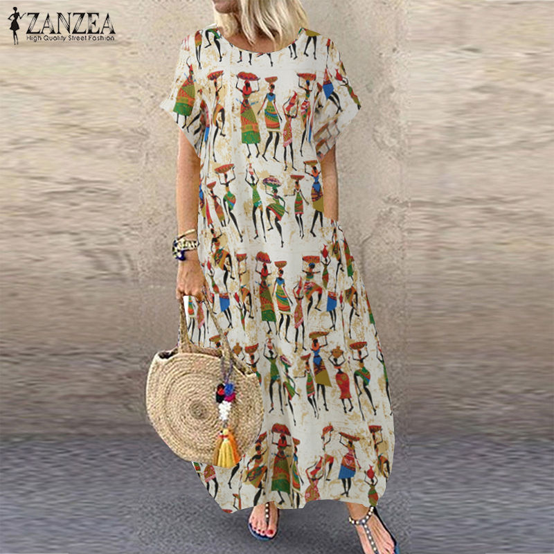 ZANZEA Fashion Summer Maxi Dress Women's Printed Sundress Casual Short Sleeve Vestidos Female High Waist Robe Femme