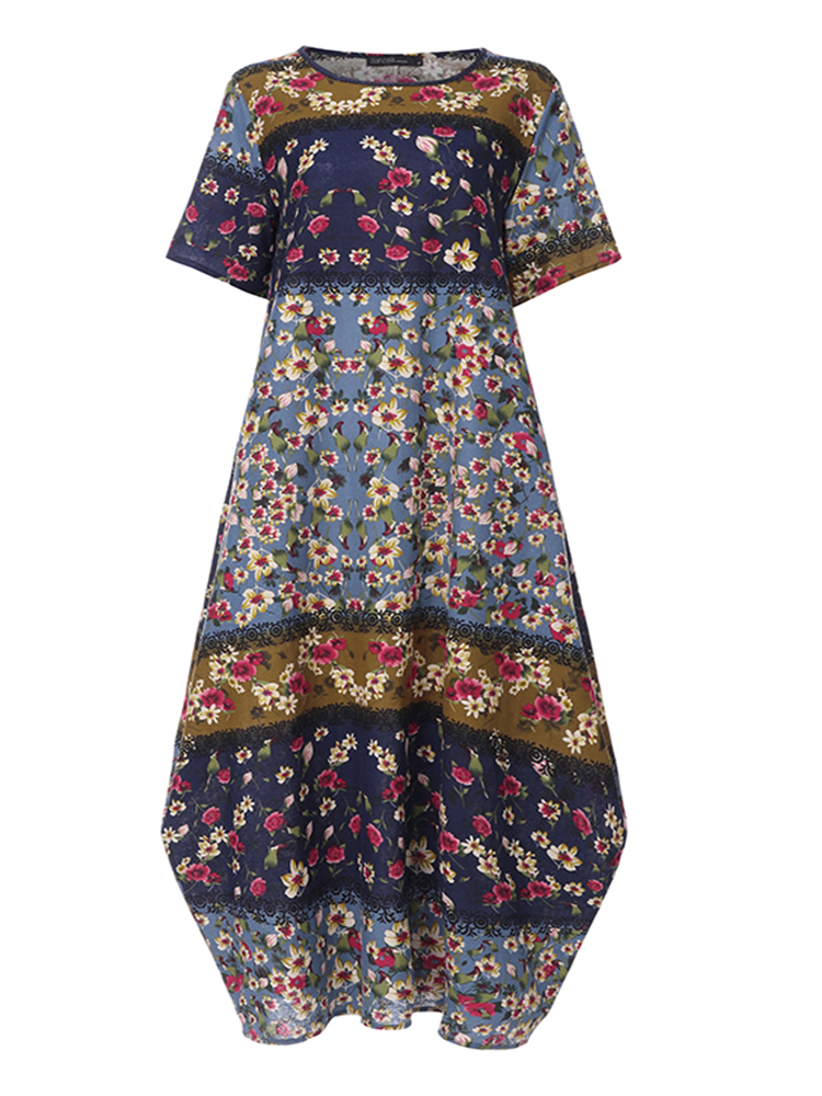 ZANZEA Fashion Summer Maxi Dress Women's Printed Sundress Casual Short Sleeve Vestidos Female High Waist Robe Femme
