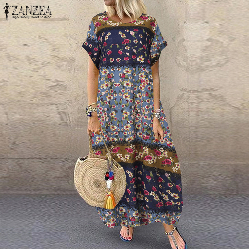 ZANZEA Fashion Summer Maxi Dress Women's Printed Sundress Casual Short Sleeve Vestidos Female High Waist Robe Femme