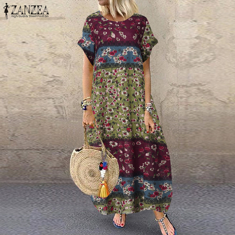 ZANZEA Fashion Summer Maxi Dress Women's Printed Sundress Casual Short Sleeve Vestidos Female High Waist Robe Femme